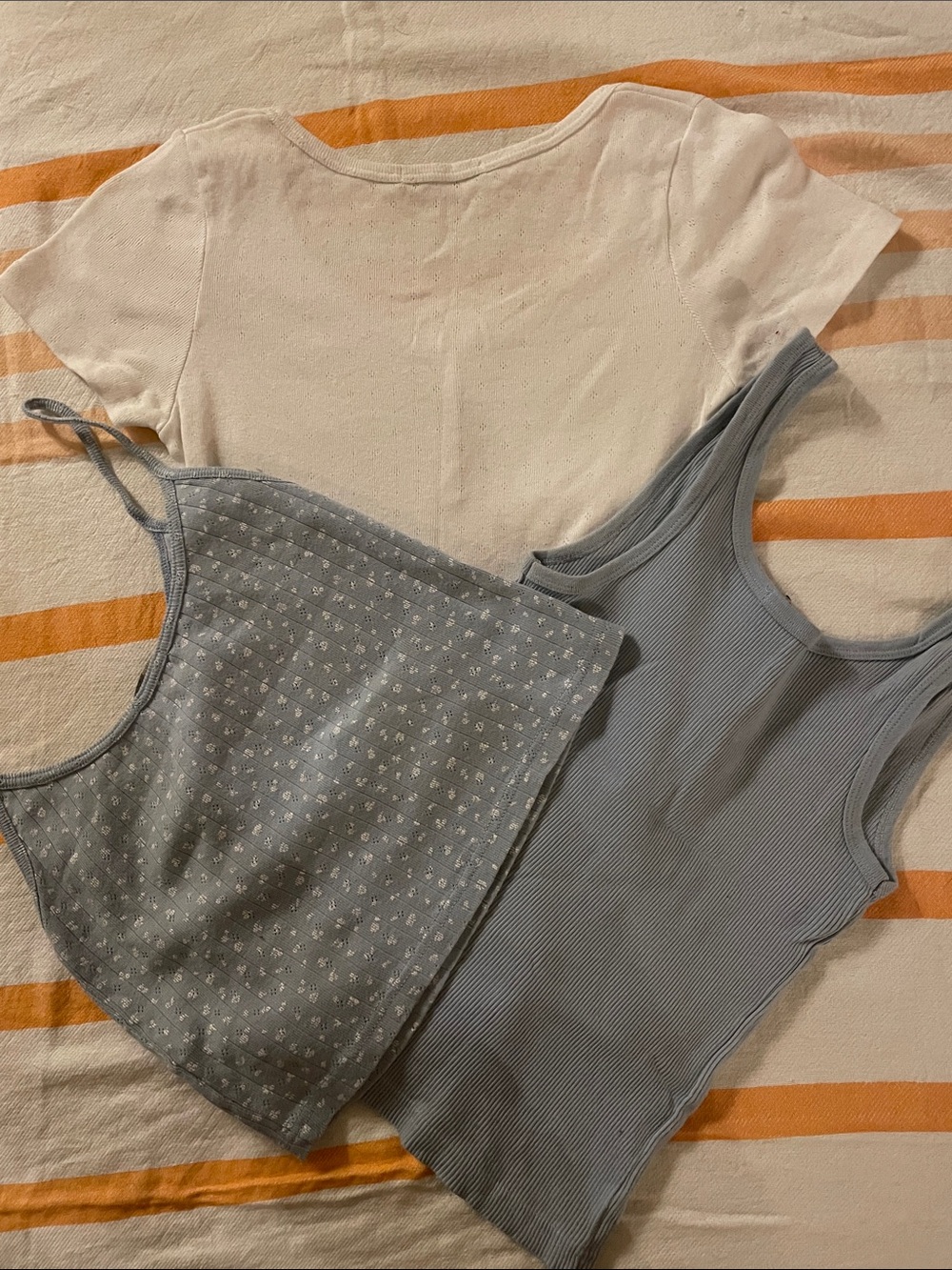 Brandy Melville Powder Blue Ribbed & Floral Camisole Set with White Henley Tee